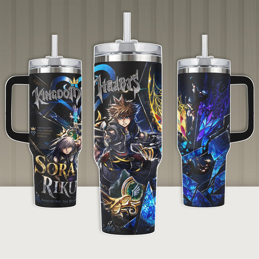 Kingdom Hearts Sora Riku 40oz Tumbler with Handle & 20oz Skinny Insulated Stainless Steel Mug, Gaming Merch Anime Gift for Men Fans, Fire Ice Aesthetic Travel Coffee Cup Water Bottle Leak-Proof