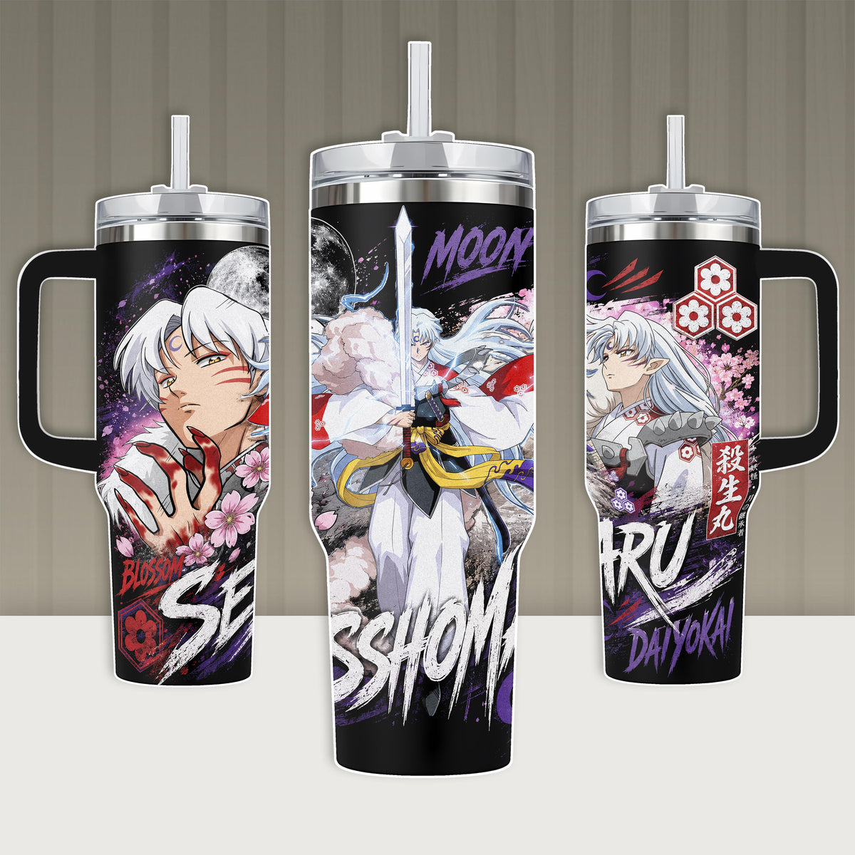 Inuyasha Sesshomaru Anime Tumbler 20oz 40oz with Handle Stainless Steel Insulated Travel Mug Water Bottle with Straw Gift for Fans 90s