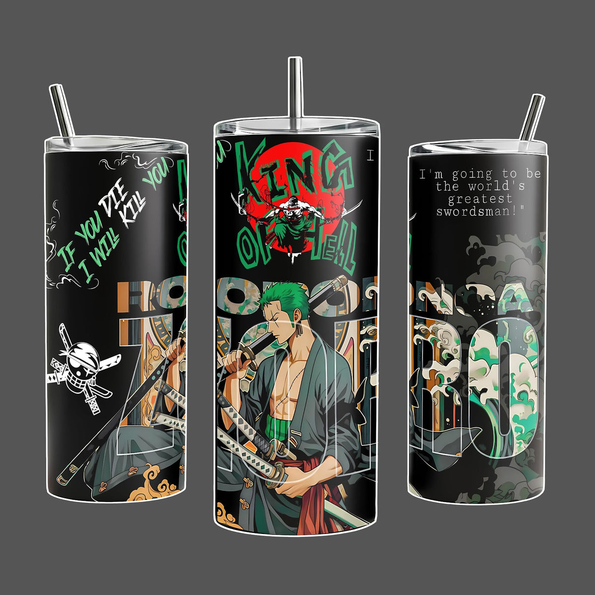 Zoro - OP Stainless Steel Insulated Travel Tumbler With Handle 20oz 40oz King of Hell Swordsman Anime Wrap Design