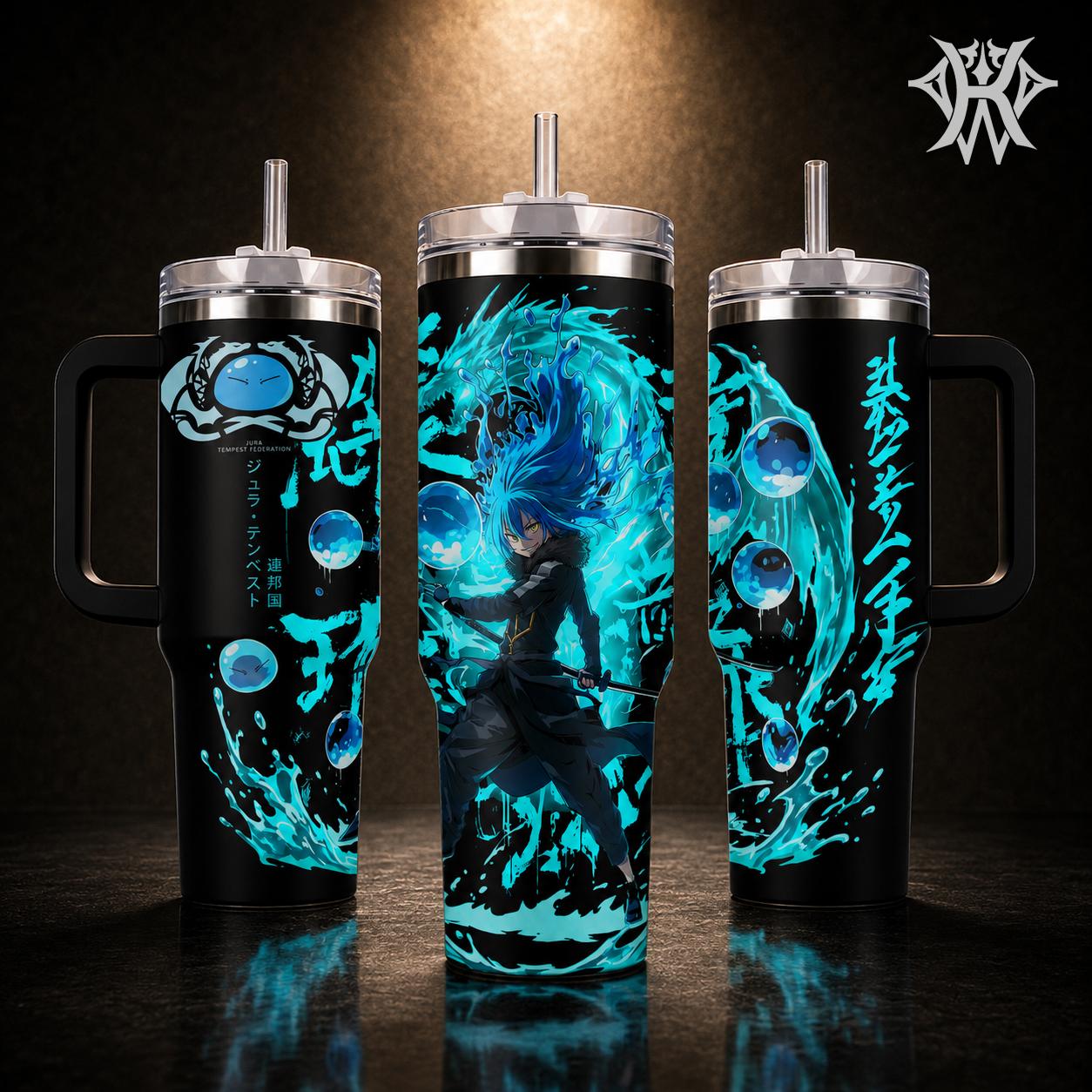 Rimuru Tempest Slime King Anime Tumbler With Handle, Blue Aura Water Spirit Cup, 20oz 40oz Insulated Travel Mug With Straw Lid