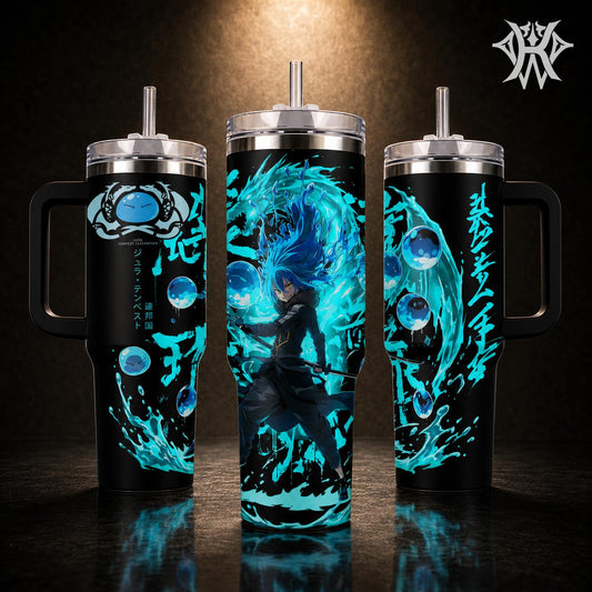 Rimuru Tempest Slime King Anime Tumbler With Handle, Blue Aura Water Spirit Cup, 20oz 40oz Insulated Travel Mug With Straw Lid