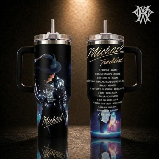 Elysian Sip - Michael Movie Series 40oz Tumbler High-Quality Insulated Tumbler V1, Michael Jackson Biopic Film Theme Tumbler With Handle, King of Pop Fan Gift Tumbler, Leakproof Travel Mug.