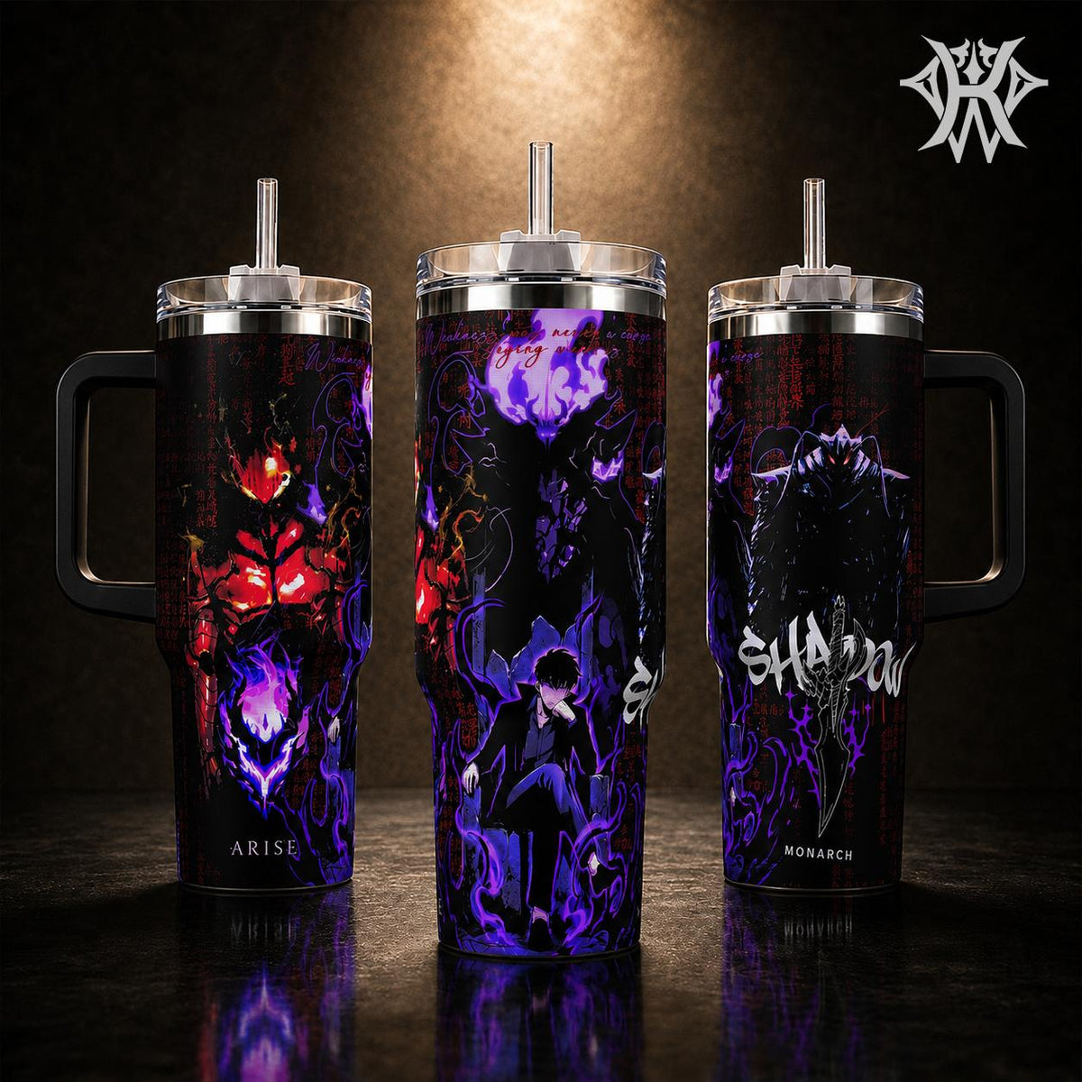 Solo Leveling Sung Jin-Woo Igris Berus Bellion Shadow Monarch Vacuum Insulated Tumbler Handle Straw Purple Shadow Energy Graphic Keeps Drinks Hot/Cold 12H+ 18/8 Stainless Steel Travel Mug Manhwa Lovers Korean Anime Merch Gift