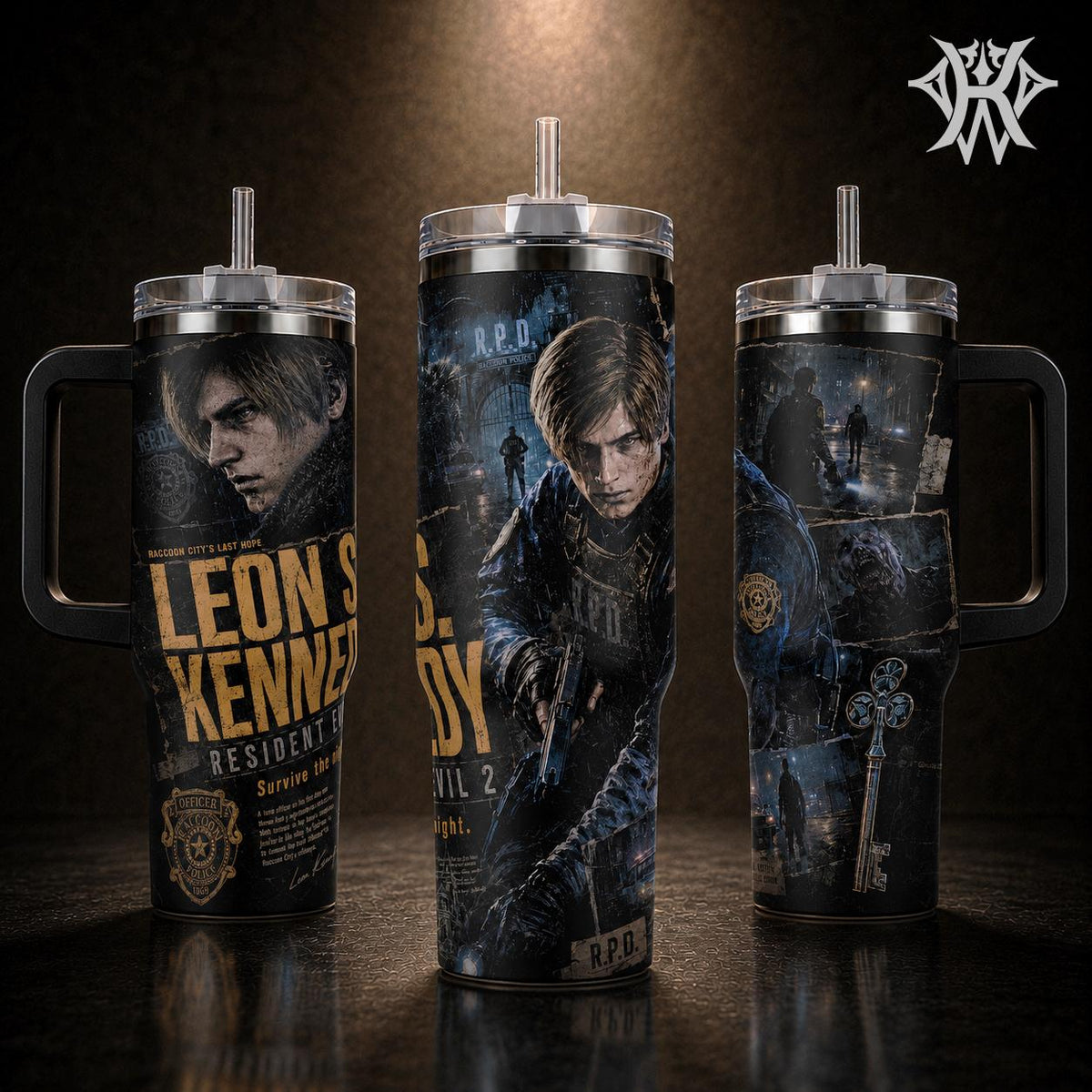 Leon S. Kennedy Tumbler 40oz with Handle 20oz Skinny Insulated Cup R.P.D. RE2 Remake Gaming Merch Stainless Steel Water Bottle Gift for RE2 Fans Gamer Gear Raccoon City Coffee Mug