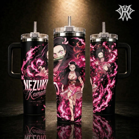Nezuko Kamado Demon Slayer Anime Tumbler 20oz 40oz with Handle Straw Pink Blood Demon Art Awakened Form Stainless Steel Insulated Travel Mug Gift for Fans Otaku Merch Kawaii Birthday Aesthetic Cup