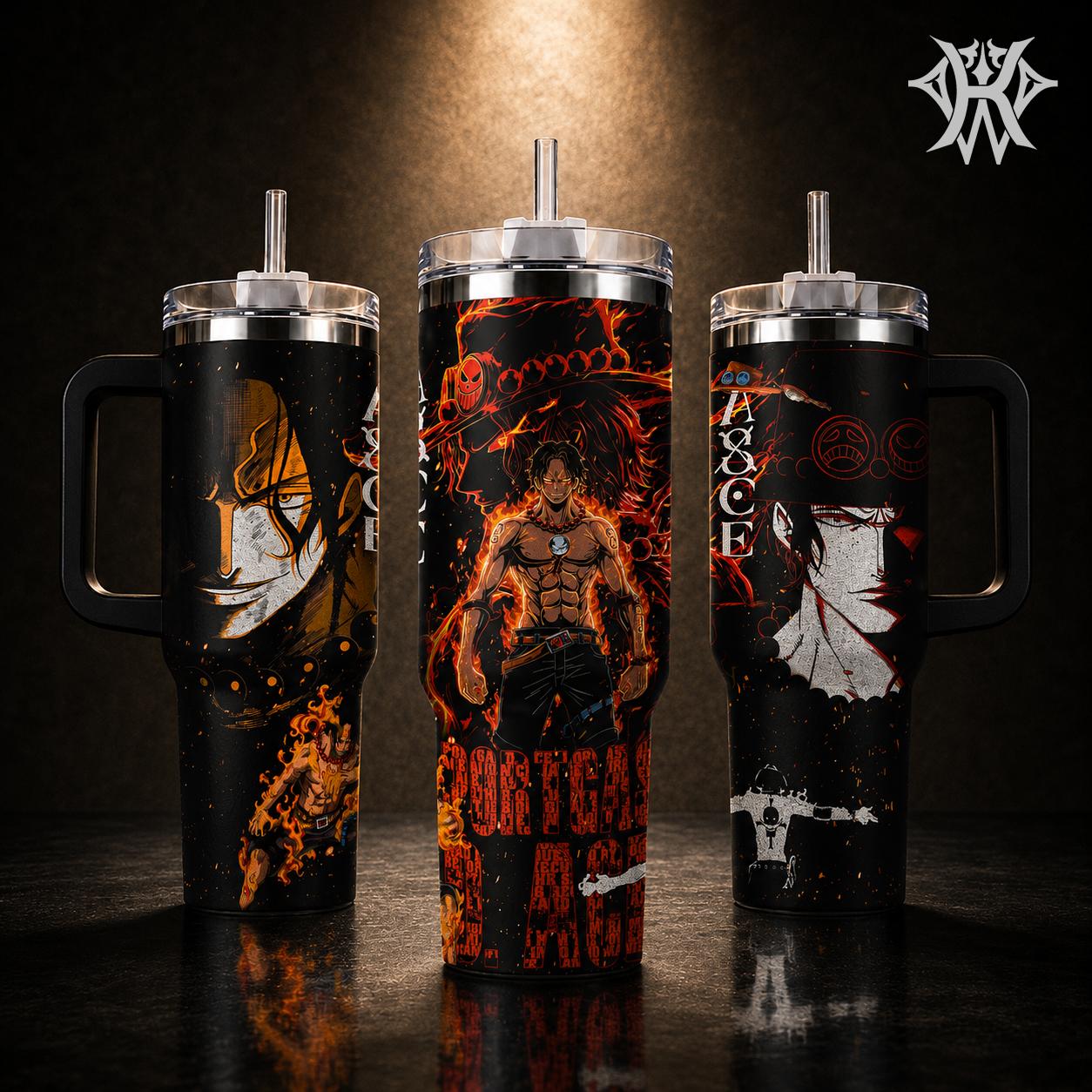 Portgas D. Ace Anime Tumbler, OP Fire Graphic Insulated Travel Mug 20oz 40oz with Handle