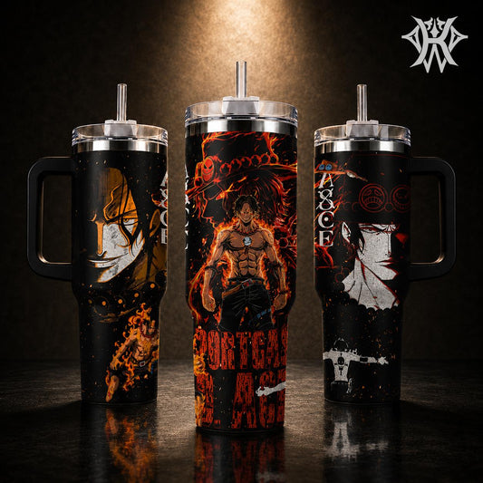 Portgas D. Ace Anime Tumbler, OP Fire Graphic Insulated Travel Mug 20oz 40oz with Handle