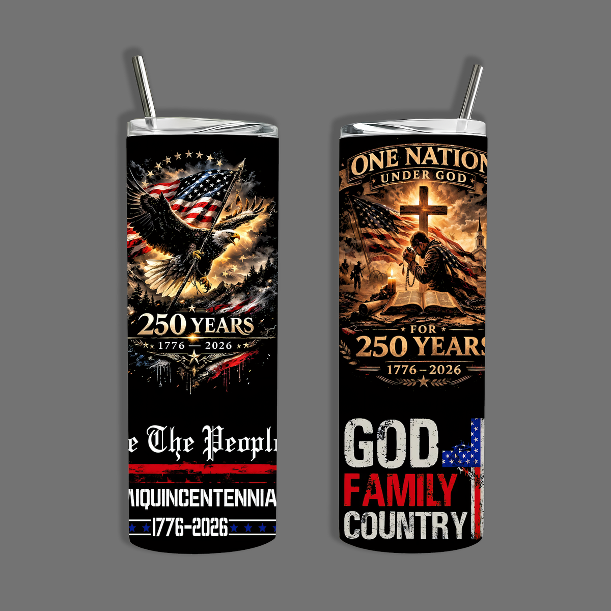 Patriotic Insulated Stainless Steel Double Wall Vacuum Flask Tumbler - USA 250 Years Eagle Print, 40oz With Handle/20oz Without Handle, Reusable Silicone Lid, Coffee Water Bottle, Patriot Gift