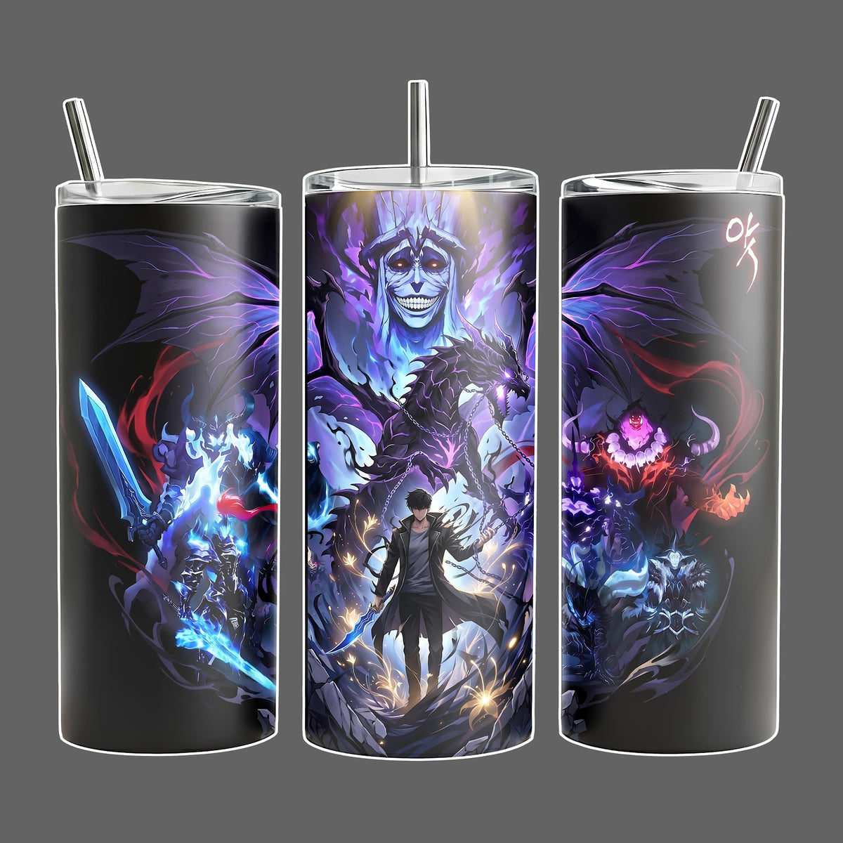 Sung Jin Woo Solo Leveling Stainless Steel Insulated Travel Tumbler With Handle and Straw Lid, 20oz 40oz, Shadow Army Full Wrap Anime Cup