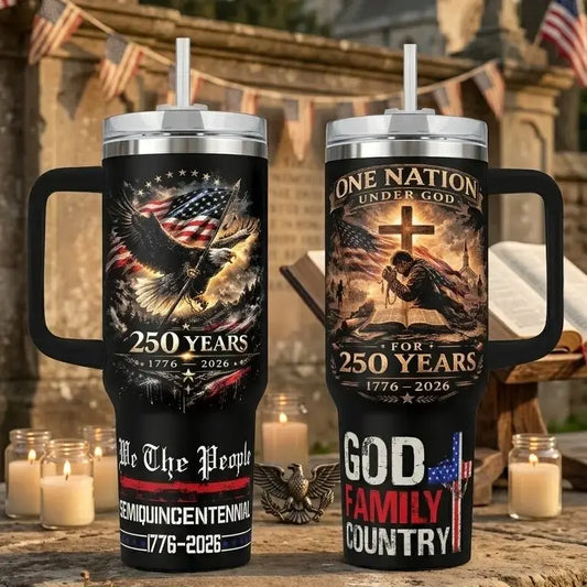 Patriotic Insulated Stainless Steel Double Wall Vacuum Flask Tumbler - USA 250 Years Eagle Print, 40oz With Handle/20oz Without Handle, Reusable Silicone Lid, Coffee Water Bottle, Patriot Gift