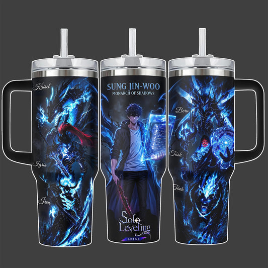 Solo Leveling Sung Jin-Woo Shadow Army Anime 40oz Tumbler Cup, Blue Black Stainless Steel Insulated Tumbler