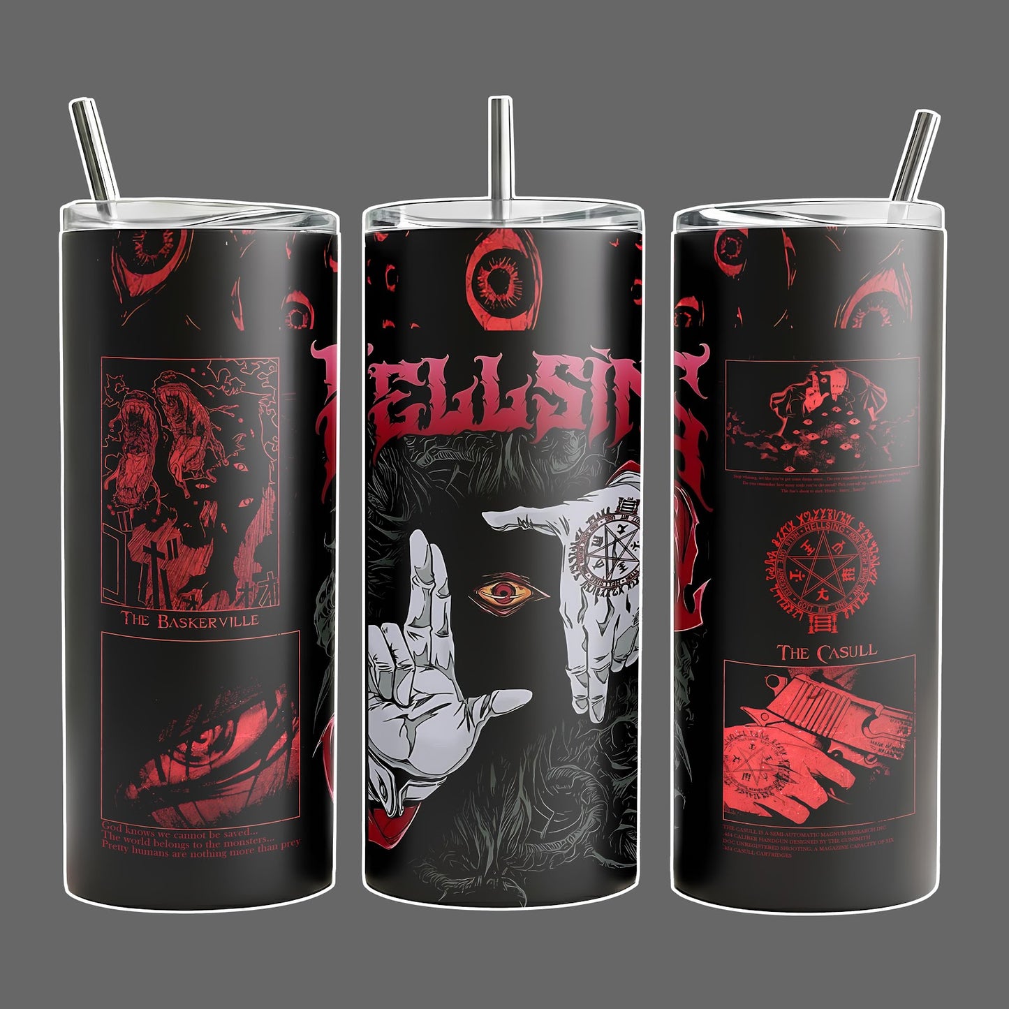 Alucard Hellsing Stainless Steel Insulated Travel Tumbler With Handle 20oz 40oz Vampire Occult Crimson Eyes Anime Wrap Design