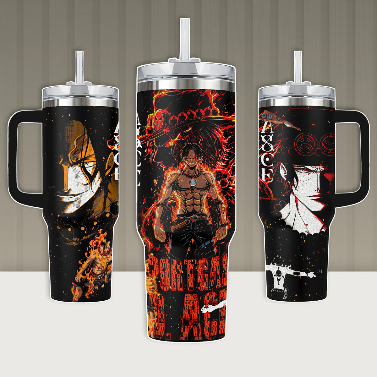 Portgas D. Ace Anime Tumbler, OP Fire Graphic Insulated Travel Mug 20oz 40oz with Handle