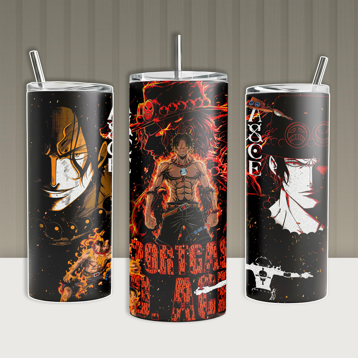 Portgas D. Ace Anime Tumbler, OP Fire Graphic Insulated Travel Mug 20oz 40oz with Handle