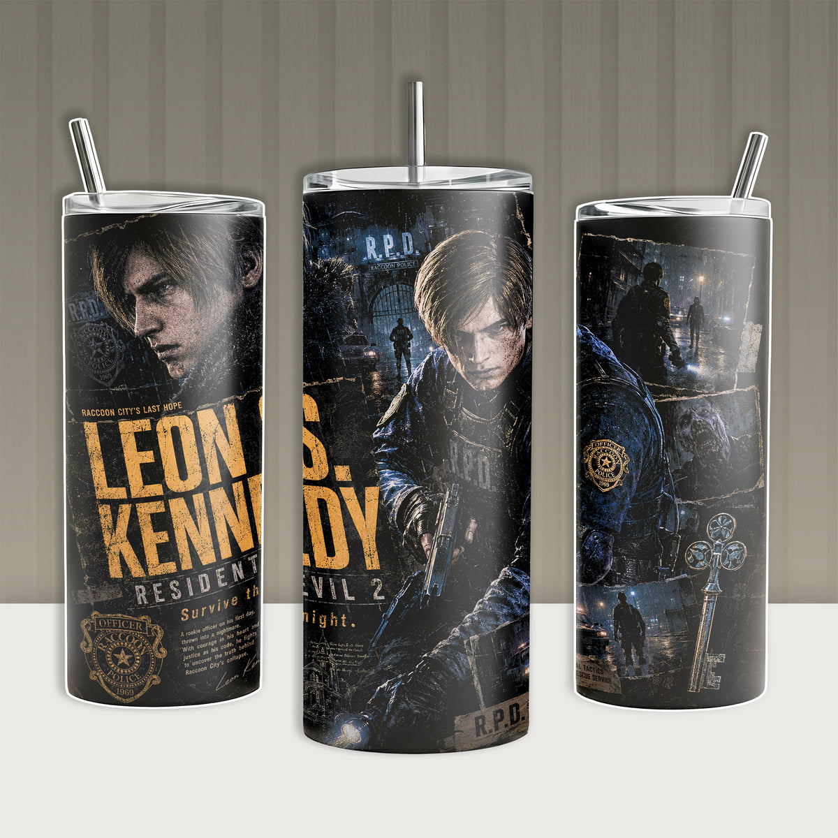 Leon S. Kennedy Tumbler 40oz with Handle 20oz Skinny Insulated Cup R.P.D. RE2 Remake Gaming Merch Stainless Steel Water Bottle Gift for RE2 Fans Gamer Gear Raccoon City Coffee Mug
