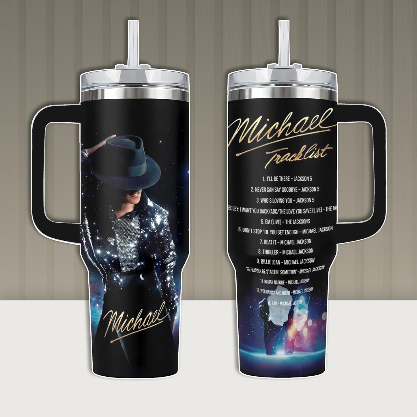 Elysian Sip - Michael Movie Series 40oz Tumbler High-Quality Insulated Tumbler V1, Michael Jackson Biopic Film Theme Tumbler With Handle, King of Pop Fan Gift Tumbler, Leakproof Travel Mug.
