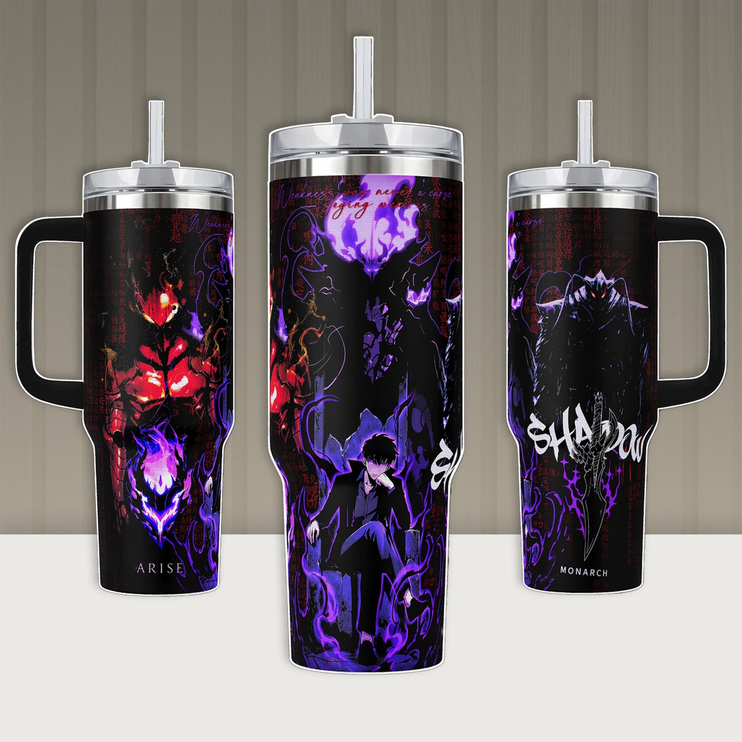Solo Leveling Sung Jin-Woo Igris Berus Bellion Shadow Monarch Vacuum Insulated Tumbler Handle Straw Purple Shadow Energy Graphic Keeps Drinks Hot/Cold 12H+ 18/8 Stainless Steel Travel Mug Manhwa Lovers Korean Anime Merch Gift