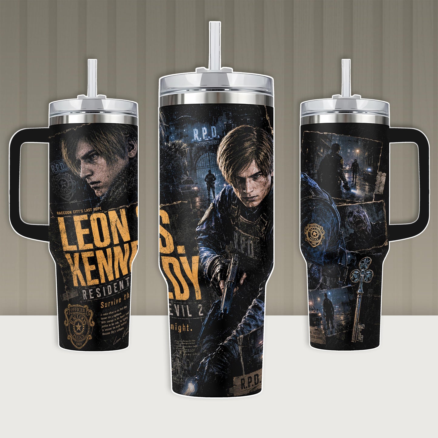 Leon S. Kennedy Tumbler 40oz with Handle 20oz Skinny Insulated Cup R.P.D. RE2 Remake Gaming Merch Stainless Steel Water Bottle Gift for RE2 Fans Gamer Gear Raccoon City Coffee Mug