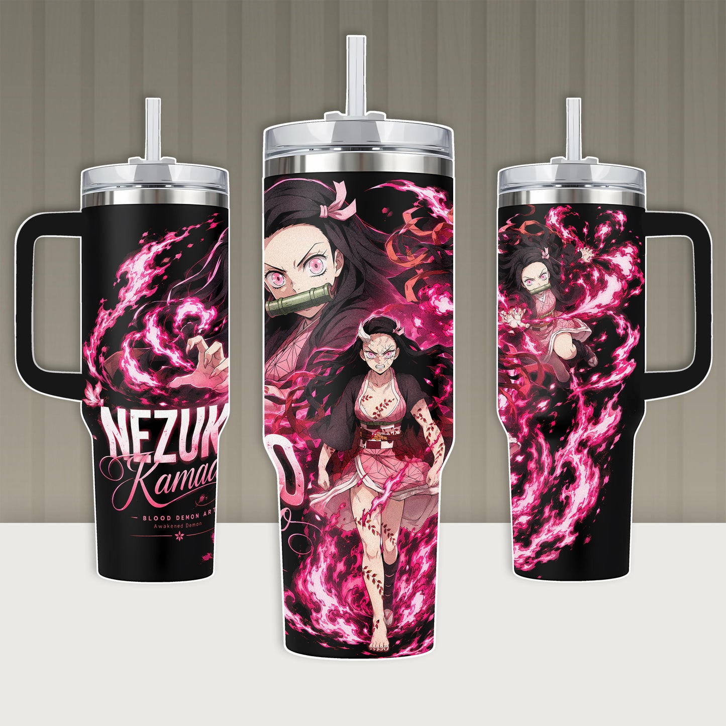 Nezuko Kamado Demon Slayer Anime Tumbler 20oz 40oz with Handle Straw Pink Blood Demon Art Awakened Form Stainless Steel Insulated Travel Mug Gift for Fans Otaku Merch Kawaii Birthday Aesthetic Cup