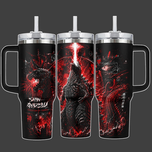 Shin Godzilla Evolution of Terror Kaiju Tumbler Cup, Red Black Atomic Beam Full Wrap Stainless Steel Insulated Tumbler 20oz/40oz With Straw Lid Included, 40oz Handle Option