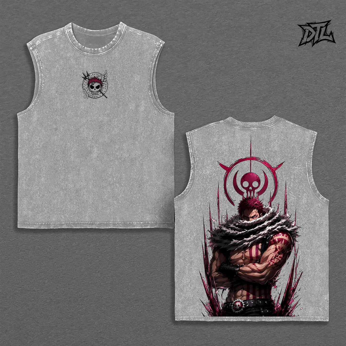 Charlotte Katakuri One Piece Tank Top  Premium Heavyweight Cotton  Grey Tee Big Mom Pirates Mochi Mochi Fruit Graphic Print Shonen Manga Merch Dark Aesthetic Grunge Streetwear Top Unisex