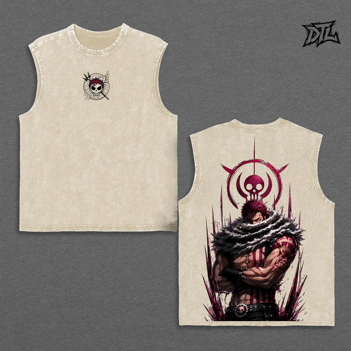 Charlotte Katakuri One Piece Tank Top  Premium Heavyweight Cotton  Grey Tee Big Mom Pirates Mochi Mochi Fruit Graphic Print Shonen Manga Merch Dark Aesthetic Grunge Streetwear Top Unisex