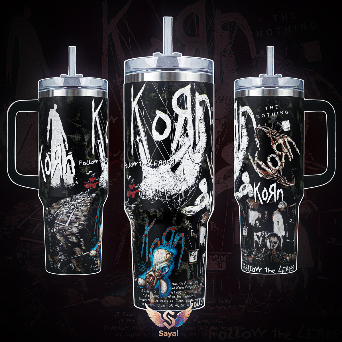 Korn Follow the Leader Architects Tour The Nothing 40 20 oz Vacuum Insulated Tumbler with Handle & Straw White Distressed Band Logo Graphic Keeps Drinks Hot/Cold Stainless Steel Travel Mug for Nu-Metal Fans
