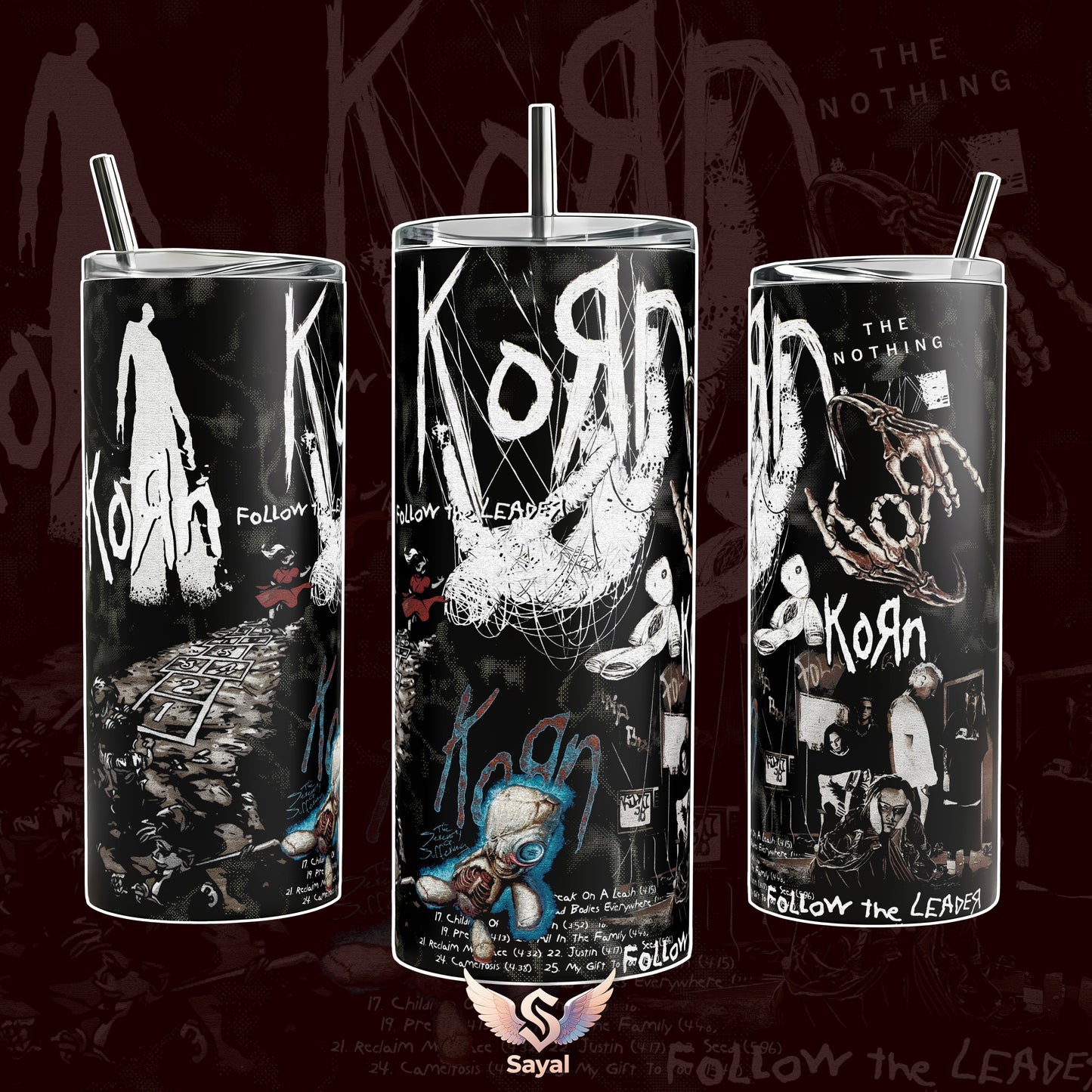 Korn Follow the Leader Architects Tour The Nothing 40 20 oz Vacuum Insulated Tumbler with Handle & Straw White Distressed Band Logo Graphic Keeps Drinks Hot/Cold Stainless Steel Travel Mug for Nu-Metal Fans