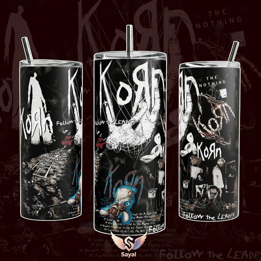 Korn Follow the Leader Architects Tour The Nothing 40 20 oz Vacuum Insulated Tumbler with Handle & Straw White Distressed Band Logo Graphic Keeps Drinks Hot/Cold Stainless Steel Travel Mug for Nu-Metal Fans