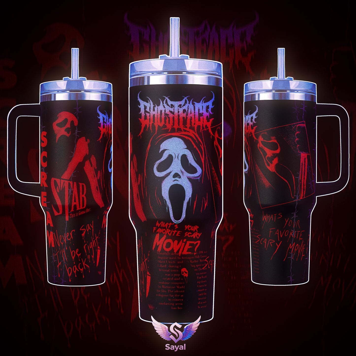 Favorite Scary Movie SCREAM 7 Ghostface Horror Slasher Graphic Sayal 40 20 oz Vacuum Insulated Cup Straw Keeps Drinks Hot Cold 12H+ For Horror Lovers Vibes Spooky Style Splash-Proof 18/8 Stainless Steel Comfort Handle Mug For Fans