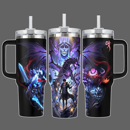 Sung Jin Woo Solo Leveling Stainless Steel Insulated Travel Tumbler With Handle and Straw Lid, 20oz 40oz, Shadow Army Full Wrap Anime Cup