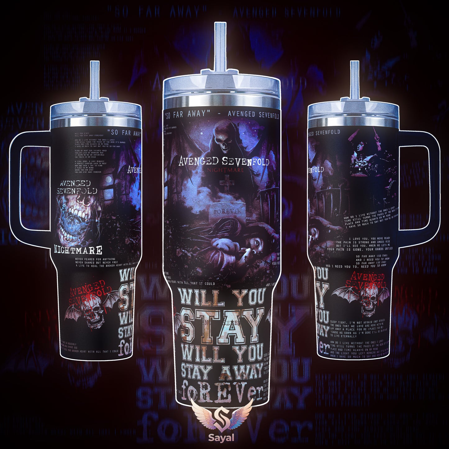 AVENGED SEVENFOLD Nightmare City Of Evil The Stage Life Is But A Dream Tour Graphic HEAVY METAL 40 oz Vacuum Insulated Cup Straw Keeps Drinks Hot Cold For Rock Lovers Deathbat Style Splash-Proof Stainless Steel Comfort Handle Mug