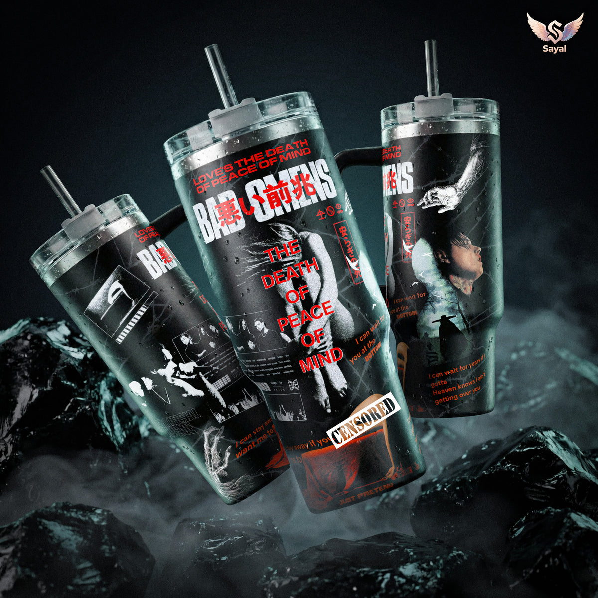 Bad Omens The Death of Peace of Mind Dying To Love Specter Album 40 20 oz Tumbler Graphic Design Vacuum Insulated Travel Mug with Handle 18/8 Steel Keeps Drinks Cold Dark Metal Band Merch Alternative Rock Fans Festival Gift