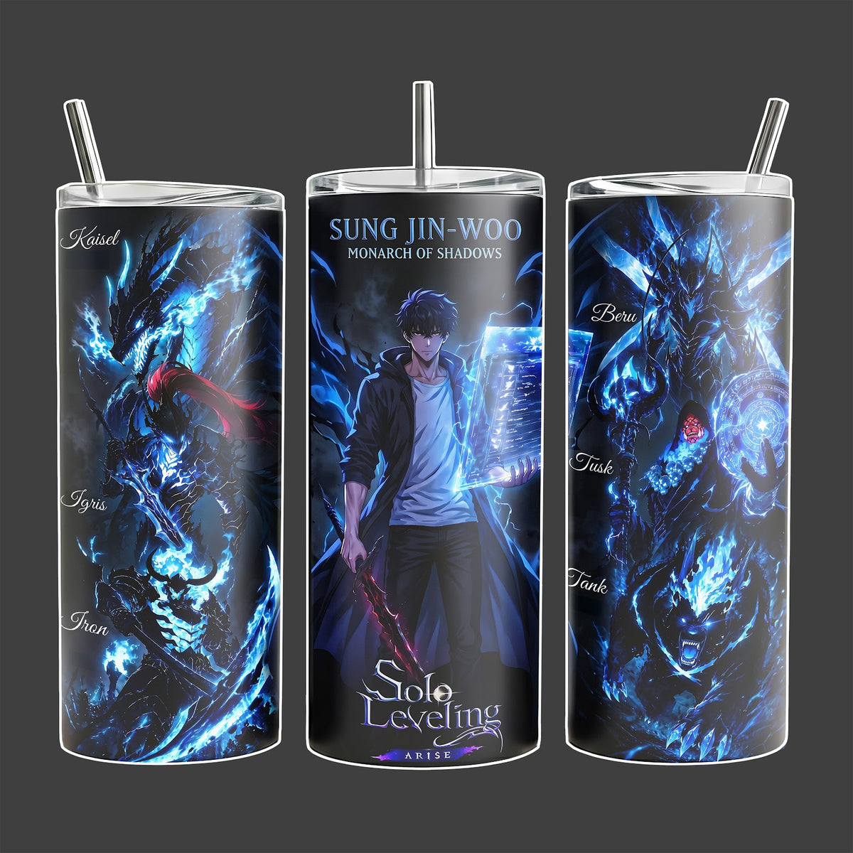 Solo Leveling Sung Jin-Woo Shadow Army Anime 40oz Tumbler Cup, Blue Black Stainless Steel Insulated Tumbler