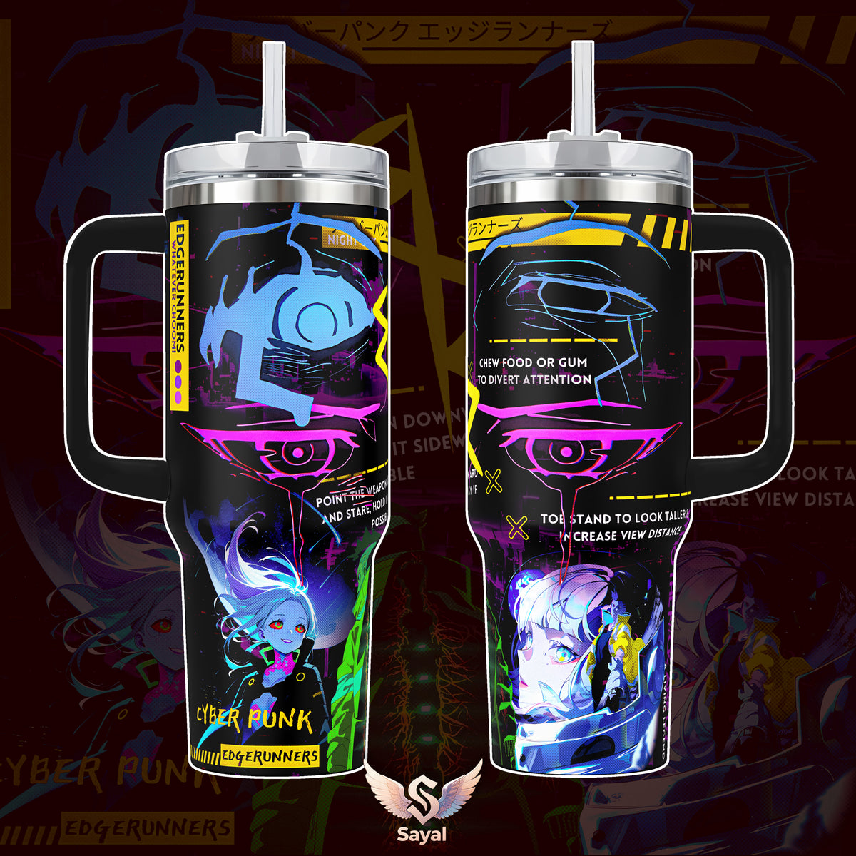 Lucy David Rebecca Cyberpunk Edgerunners 40 oz Tumbler Vibrant Neon Aesthetic Japanese Text Design Vacuum Insulated Travel Mug with Handle 18/8 Steel Keeps Drinks Cold 12H+ Anime Gaming Merch for Cosplayers Sci-Fi Fans Gift for Fans