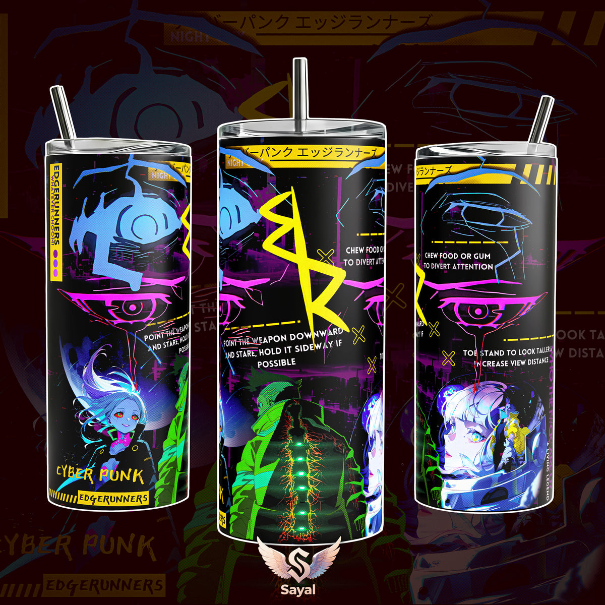 Lucy David Rebecca Cyberpunk Edgerunners 40 oz Tumbler Vibrant Neon Aesthetic Japanese Text Design Vacuum Insulated Travel Mug with Handle 18/8 Steel Keeps Drinks Cold 12H+ Anime Gaming Merch for Cosplayers Sci-Fi Fans Gift for Fans
