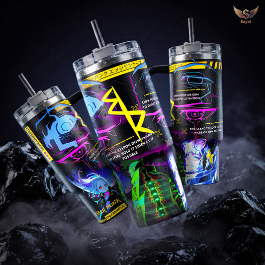 Lucy David Rebecca Cyberpunk Edgerunners 40 oz Tumbler Vibrant Neon Aesthetic Japanese Text Design Vacuum Insulated Travel Mug with Handle 18/8 Steel Keeps Drinks Cold 12H+ Anime Gaming Merch for Cosplayers Sci-Fi Fans Gift for Fans