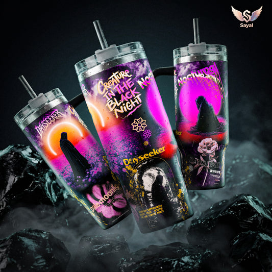 Dayseeker Darksun Creature In The Black Night 40 20 oz Vacuum Insulated Tumbler Handle Straw Purple Pink Pale Moonlight Graphic Keeps Drinks Stainless Steel Travel Mug Music Fans Dark Aesthetic