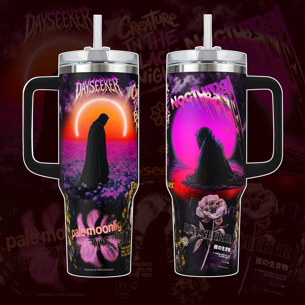Dayseeker Darksun Creature In The Black Night 40 20 oz Vacuum Insulated Tumbler Handle Straw Purple Pink Pale Moonlight Graphic Keeps Drinks Stainless Steel Travel Mug Music Fans Dark Aesthetic