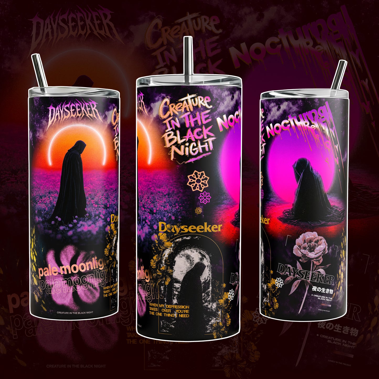 Dayseeker Darksun Creature In The Black Night 40 20 oz Vacuum Insulated Tumbler Handle Straw Purple Pink Pale Moonlight Graphic Keeps Drinks Stainless Steel Travel Mug Music Fans Dark Aesthetic