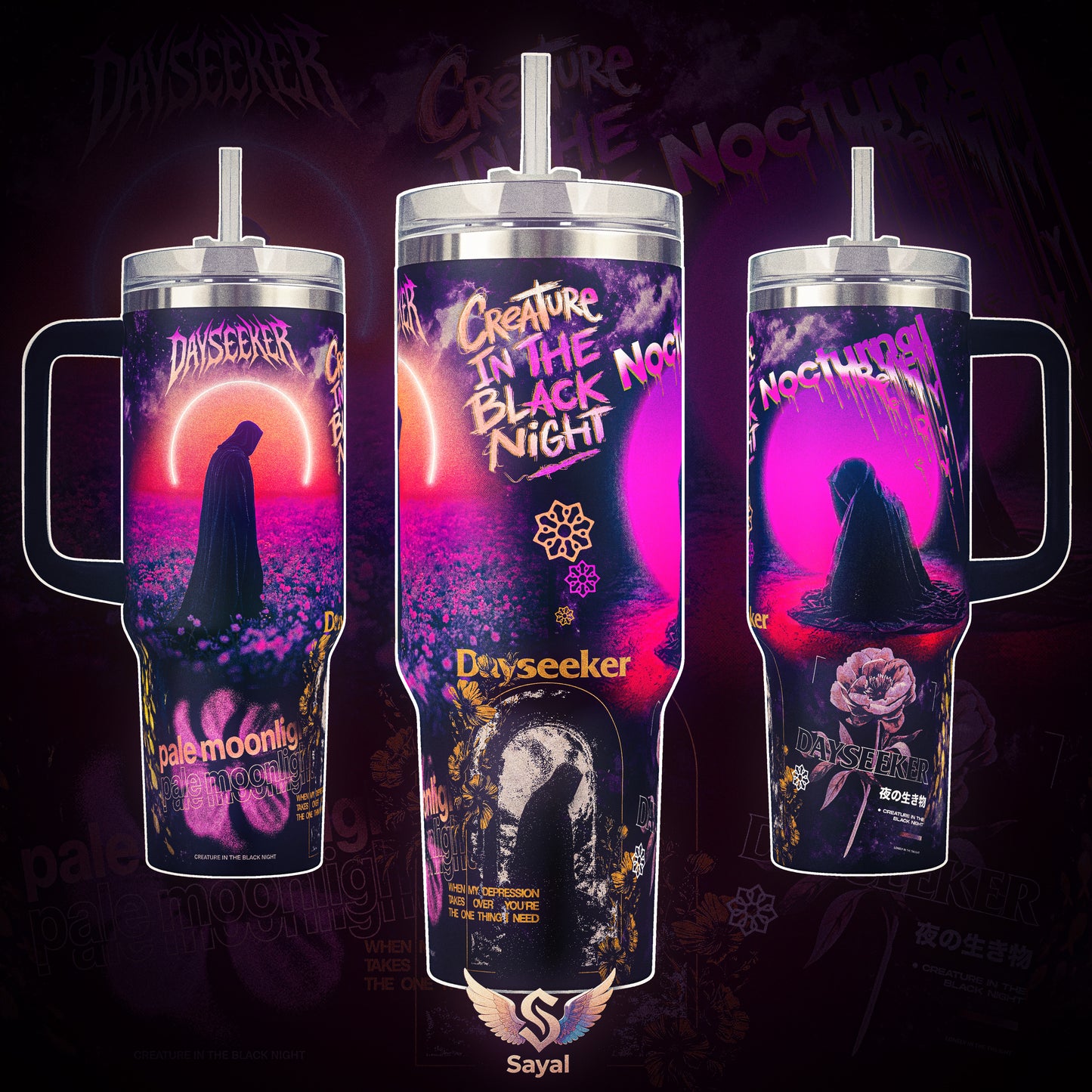 Dayseeker Darksun Creature In The Black Night 40 20 oz Vacuum Insulated Tumbler Handle Straw Purple Pink Pale Moonlight Graphic Keeps Drinks Stainless Steel Travel Mug Music Fans Dark Aesthetic