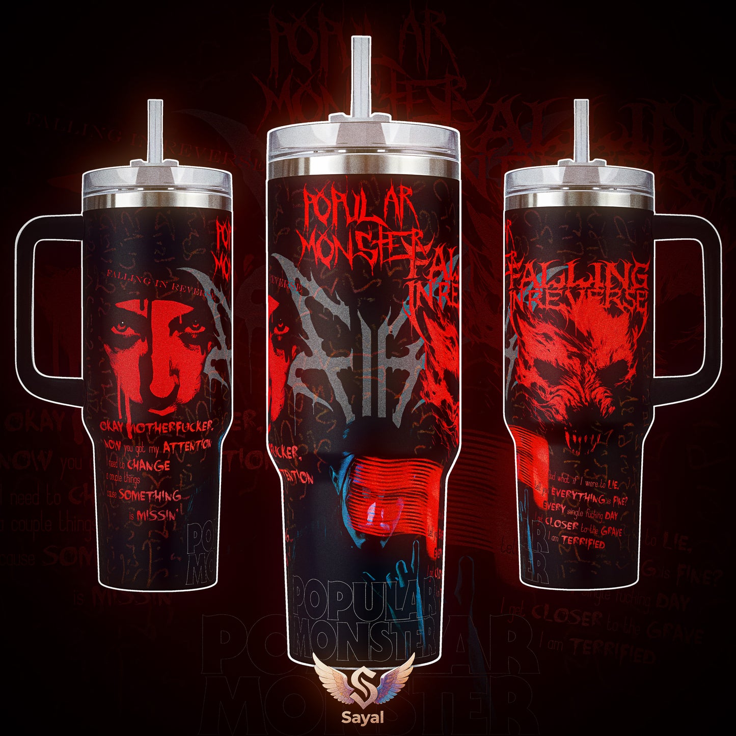 Falling In Reverse Popular Monster God Is a Weapon Just Like You 40 20 oz Stainless Steel Body Water Insulated Vacuum Drinkware, Portable Leakproof Travel Tumbler Handle Straw Red Logo Graphic Rock Fans Road Trips Essential Drinkware Ronnie Radke