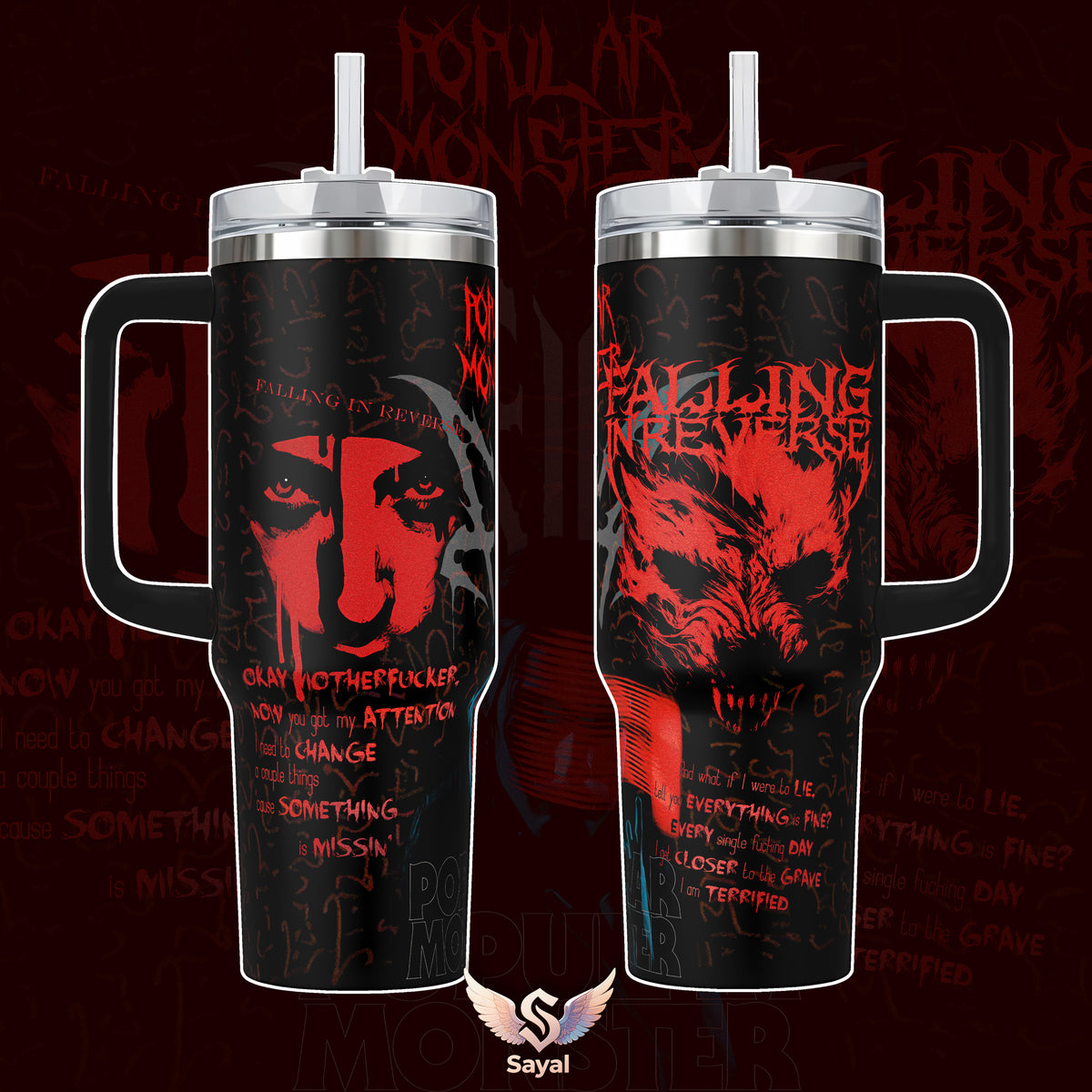 Falling In Reverse Popular Monster God Is a Weapon Just Like You 40 20 oz Stainless Steel Body Water Insulated Vacuum Drinkware, Portable Leakproof Travel Tumbler Handle Straw Red Logo Graphic Rock Fans Road Trips Essential Drinkware Ronnie Radke