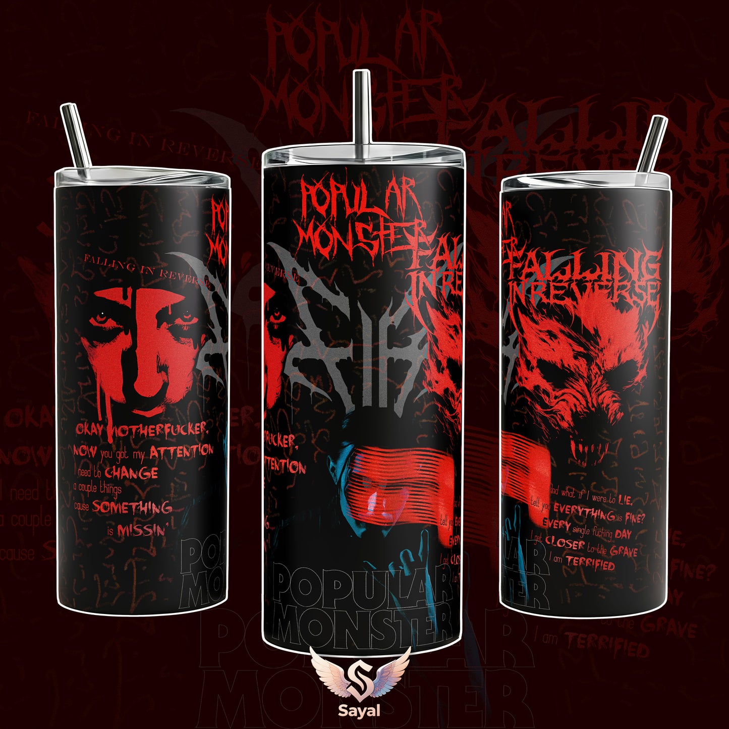 Falling In Reverse Popular Monster God Is a Weapon Just Like You 40 20 oz Stainless Steel Body Water Insulated Vacuum Drinkware, Portable Leakproof Travel Tumbler Handle Straw Red Logo Graphic Rock Fans Road Trips Essential Drinkware Ronnie Radke