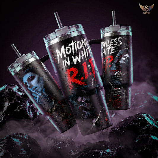 Motionless In White MIW Eternally Yours Decades Album R.I.P 40 oz Vacuum Insulated Tumbler Handle Straw Haunt Me Most Lyrics Graphic Keeps Drinks Hot/Cold 12H 18/8 Stainless Steel Travel Mug Metal Fans Alternative Aesthetic