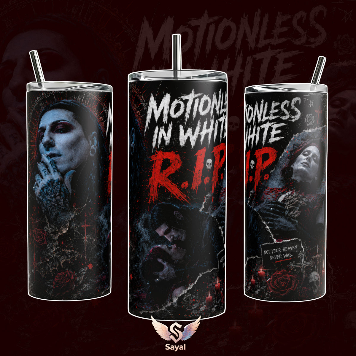 Motionless In White MIW Eternally Yours Decades Album R.I.P 40 oz Vacuum Insulated Tumbler Handle Straw Haunt Me Most Lyrics Graphic Keeps Drinks Hot/Cold 12H 18/8 Stainless Steel Travel Mug Metal Fans Alternative Aesthetic
