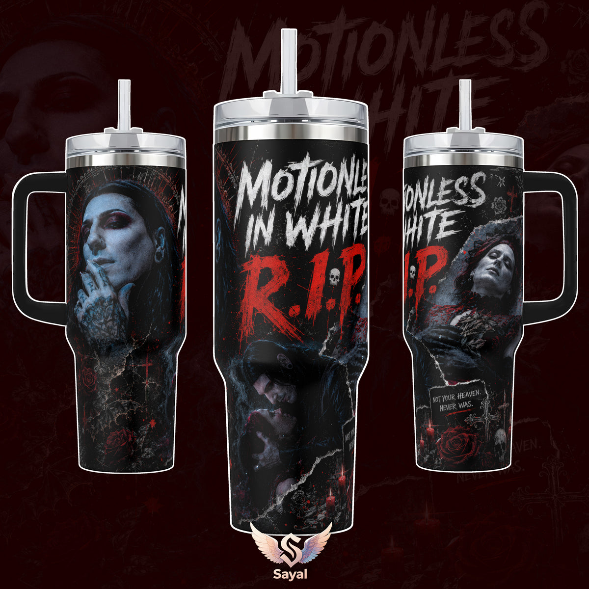 Motionless In White MIW Eternally Yours Decades Album R.I.P 40 oz Vacuum Insulated Tumbler Handle Straw Haunt Me Most Lyrics Graphic Keeps Drinks Hot/Cold 12H 18/8 Stainless Steel Travel Mug Metal Fans Alternative Aesthetic