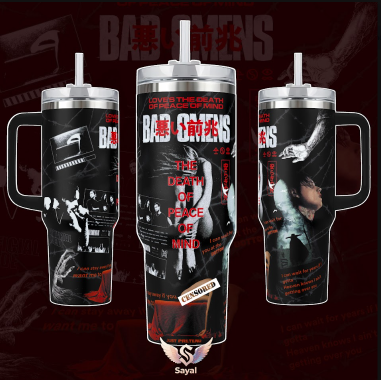 Bad Omens The Death of Peace of Mind Dying To Love Specter Album 40 20 oz Tumbler Graphic Design Vacuum Insulated Travel Mug with Handle 18/8 Steel Keeps Drinks Cold Dark Metal Band Merch Alternative Rock Fans Festival Gift