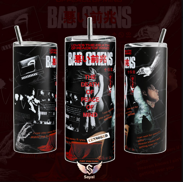 Bad Omens The Death of Peace of Mind Dying To Love Specter Album 40 20 oz Tumbler Graphic Design Vacuum Insulated Travel Mug with Handle 18/8 Steel Keeps Drinks Cold Dark Metal Band Merch Alternative Rock Fans Festival Gift