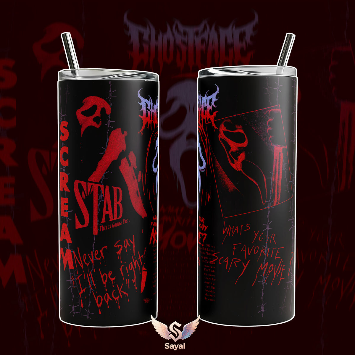Favorite Scary Movie SCREAM 7 Ghostface Horror Slasher Graphic Sayal 40 20 oz Vacuum Insulated Cup Straw Keeps Drinks Hot Cold 12H+ For Horror Lovers Vibes Spooky Style Splash-Proof 18/8 Stainless Steel Comfort Handle Mug For Fans